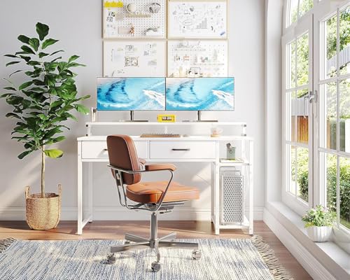 ゲーミングデスク ラック & 引き出し 2 杯付き 幅 120cm パソコンデスク 机 pc デスク モニター台付き ワークデスク オフィスデスク おしゃれ 省スペース 一人暮らし 在宅勤務 左右入れ替え対応 ホワイト