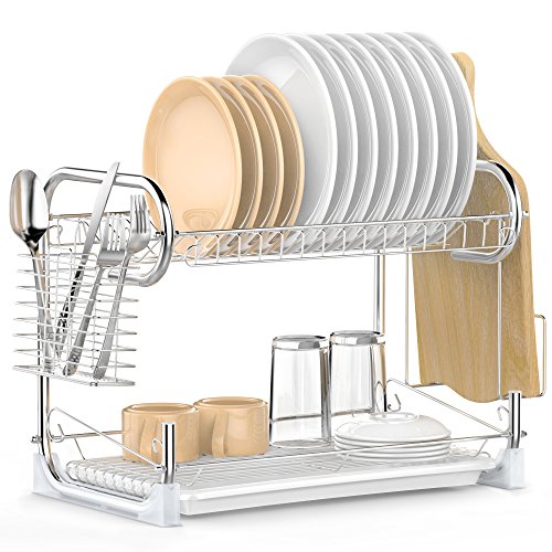 Dish Drying Rack, iSPECLE 2-Tier Dish Rack with Utensil Holder, Cutting Board Holder