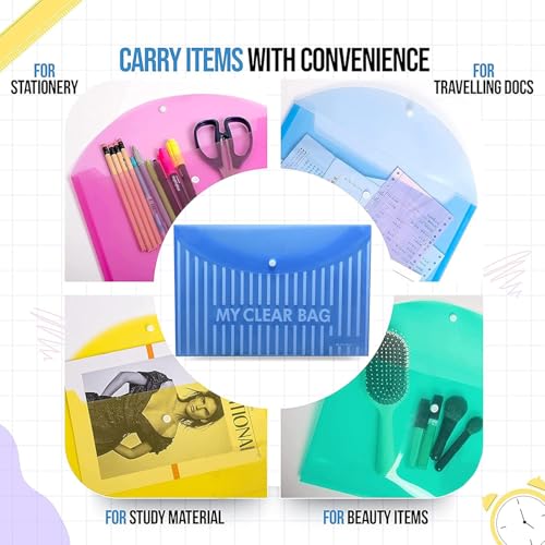 Image of Shuban Document File Folders with Snap Button Closure, Waterproof Plastic Envelope Pouches for Letter /A4 Size Paper, Assorted Transparent Colors (Style-1- Lining Print Folder-5Pcs-Mix Color)