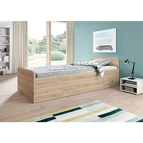 Boro Modernes Einzelbett mit 3X Schubkästen 90 x 200 cm - Praktisches Jugendzimmer Kojenbett in Eiche Sonoma Optik - 95 x 66 x 204 cm (B/H/T)