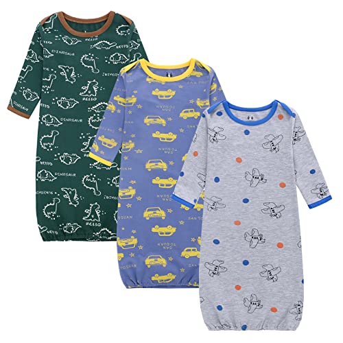 Image of Baby Newborn Gown, 3 Packs Baby Sleeping Bag, Long Sleeve Sleep Sack, Cotton Cloths for Newborn Boys Girls 0-12 Months