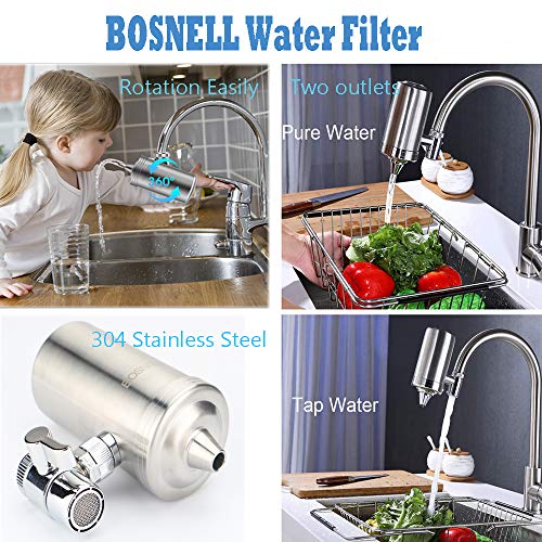 Stainless Steel Faucet Water Filter - Filtration System, Large Water Flow, Water Purifier, Reduce Chlorine, Lead Reduction, Double Outlet, Fits Standard Faucets (2 Filter Cartridges Included)
