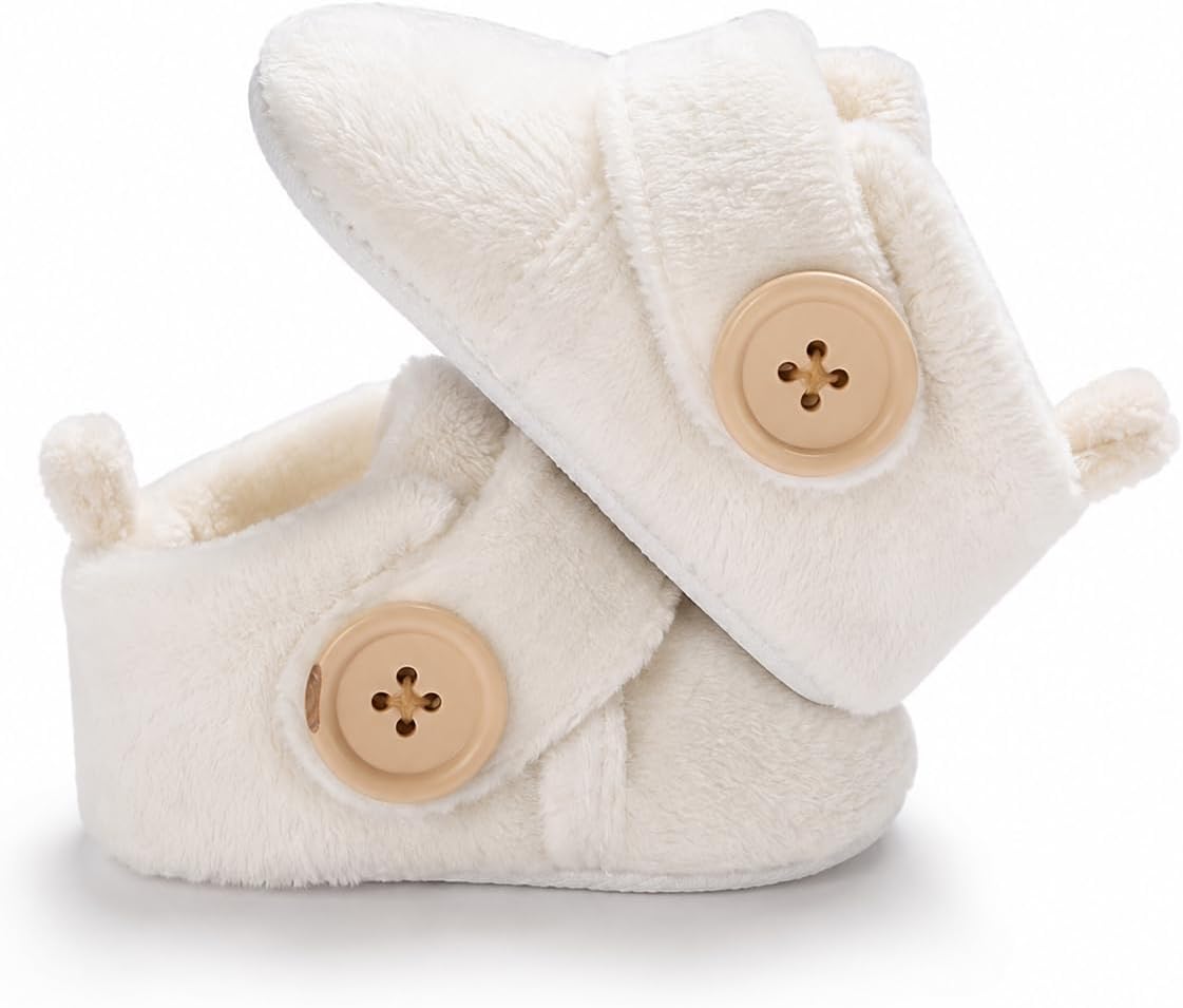 Baby Booties in Cream, cloud Soft Plush Fleece with Button Detail, Infant Crib Shoes newborn