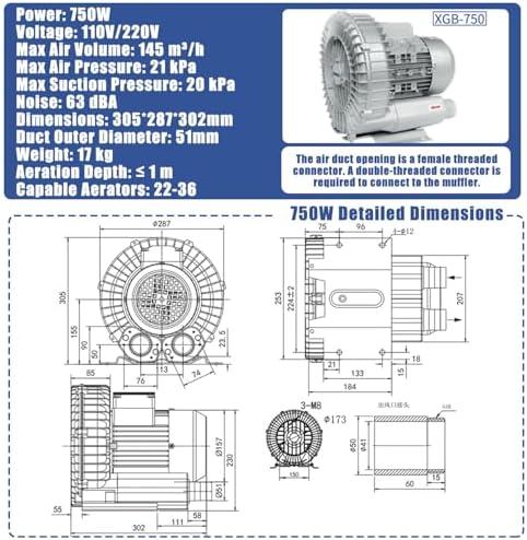 High-Pressure Regenerative Vortex Blower,Regenerative Blower, Industrial Vacuum Pump, Vortex Blower, Air Pump for Blowing or Suction, Performance，（750w）