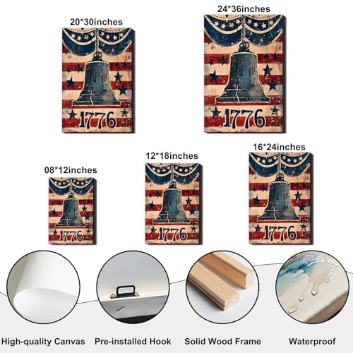 Image of RIBNTAK Made in USA Rustic 1776 Liberty Bell with American Flag Canvas, Retro Patriotic Sign Artwork for 4th of July, Independence Day, Memorial Day Home Decoration