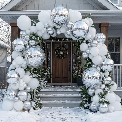 yeewaka Silver and White disco balloon garland arch kit 130pcs with disco ball mylar balloon for retro discot heme Birthday party anniversary Winter Wonderland party grad decorations