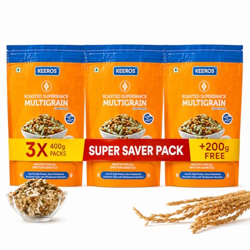 Image of Keeros Multigrain Healthy & Diabetic Friendly Roasted Snacks | Low GI, Crispy, Tasty & Lightly Salted Mix of Pearl Millets & 5 supergrains | Diet Namkeen & Snacks for Weight Loss |Pack of 3x400g+200g