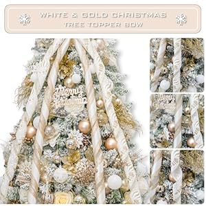 Christmas Tree Topper Bow,53x15 Inches Large Christmas Bow with Glitter Streamer and Patterned Ribbon,Decorative Bows for Xmas Tree Wreath Door Festival Home Decor(White Gold) Christmas Tree Topper Bow53x15 Inches Large Christmas Bow with Glitter Streamer and Patterned RibbonDecorative Bows for Xmas Tree Wreath Door Festival Home DecorWhite Gold