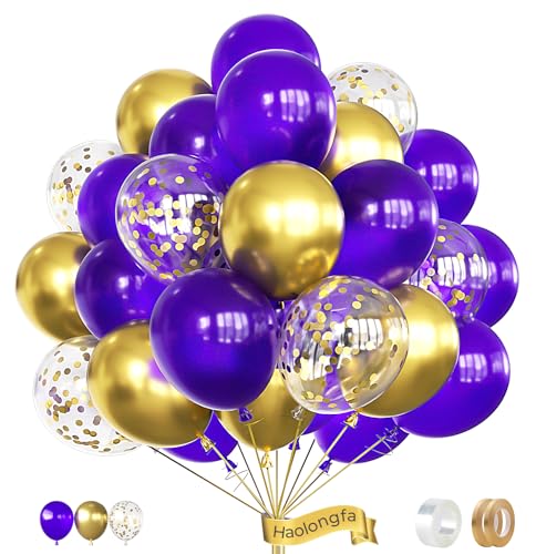 Purple and Gold Balloons 12 In Graduation Balloons 60 Pcs Dark Purple Balloon Metallic Gold Balloons and Confetti Balloon for Class of 2026 Graduation Decor Baby Shower Birthday Wedding Supplies