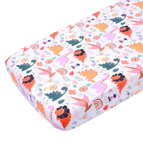 Image of JISEN Baby Crib Sheet 1 Piece Portable Fitted Crib Sheet for Standard Crib and Toddler Mattresses Nursery Bed Decor for Boys Girls 28x52 Inch Multicolor Dinosaurs
