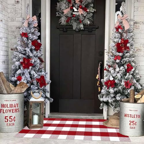 Christmas Plaid Outdoor Rug, 2'x4'3'' Red&White Check Indoor/Outdoor Area Rug, Layering Rug for Hello/Welcome Door Mat, Machine Washable Cotton Woven Rug for Farmhouse Front Porch, Entryway