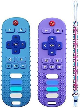 Remote Control Teether for Baby,Silicone Infants Teething Toys,Baby Fake Remote Teething Toys,BPA Free (Cyan+Purple)