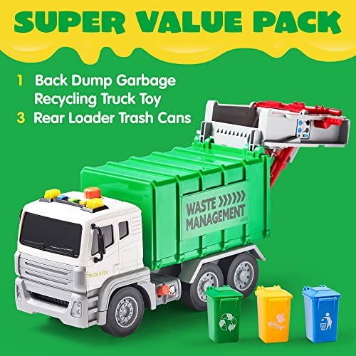 Joyin 12.5" Garbage Truck Toy, Friction-Powered Trash Truck With Lights & Sounds, Back Dump Garbage Recycling Truck Toy Set With 3 Rear Loader Trash Cans, Boys Girls Toy Cars, Kids Birthday Gifts #TOP1