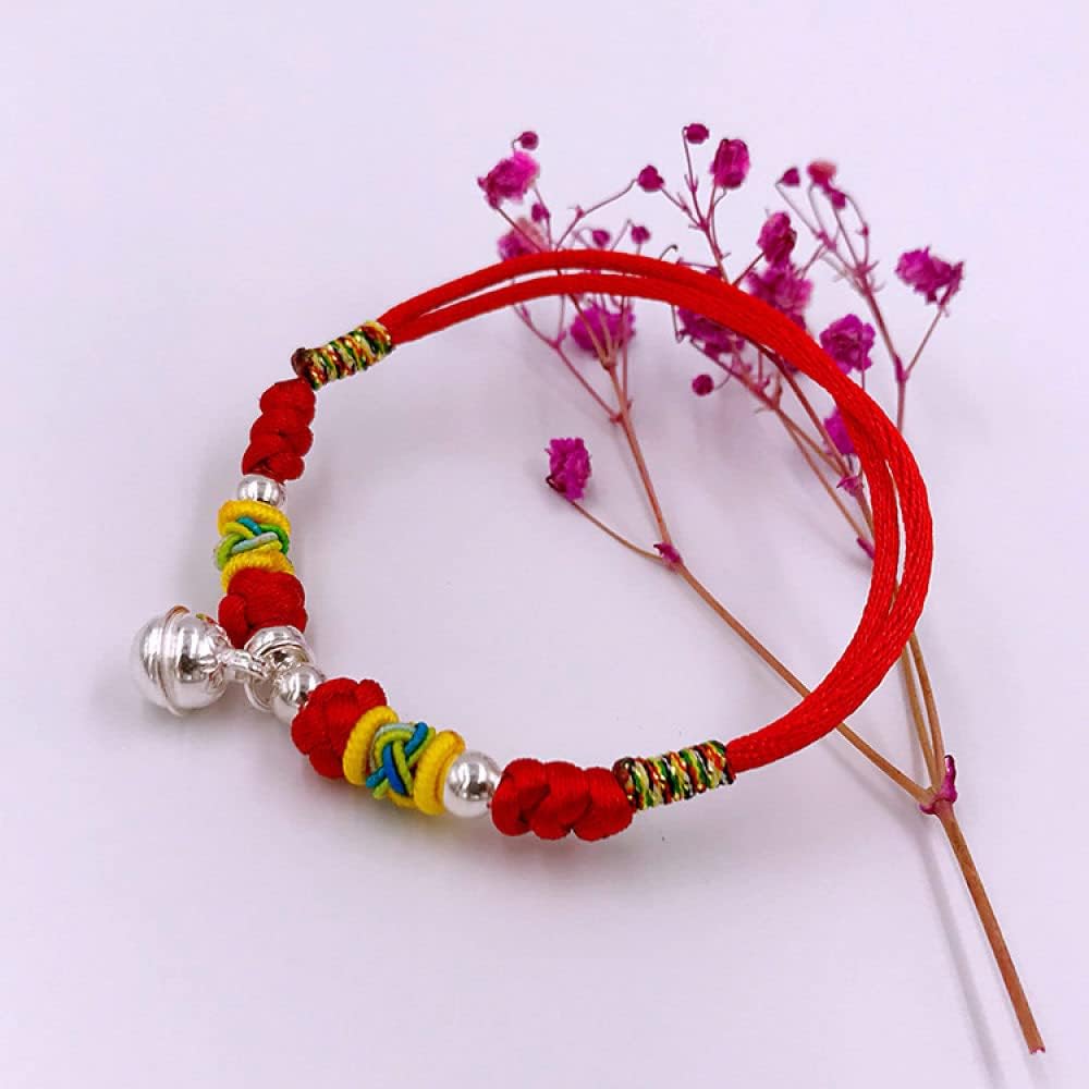 Bracciale Rigido in Argento for Donna, Bracciale Intrecciato in Corda Rossa con Ciondolo Campana in Argento S925 Braccialetti dell'amicizia Regolabili Gioielli Etnici tibetani fortunati