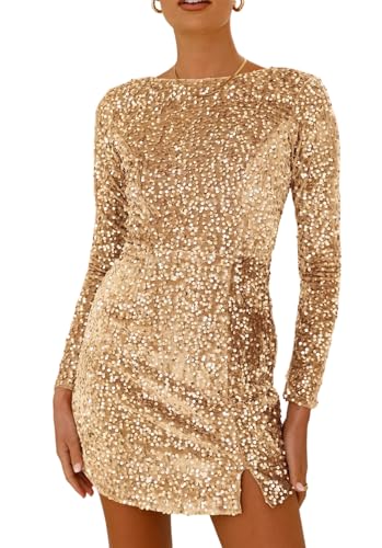 Image of R.Vivimos Women's Sequin Bodycon Dress Fall Winter Velvet Warm Long Sleeve Crew Neck Sexy Backless Glitter Slit Mini Dress