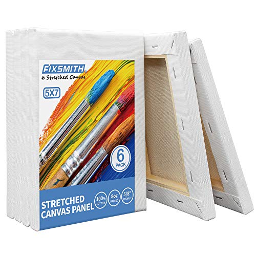 Image of FIXSMITH Stretched White Blank Canvas- 5x7 Inch,6 Pack,Primed,100% Cotton,5 /8 Inch Profile of Economy Value Pack for Acrylics,Oils & Other Painting Media.