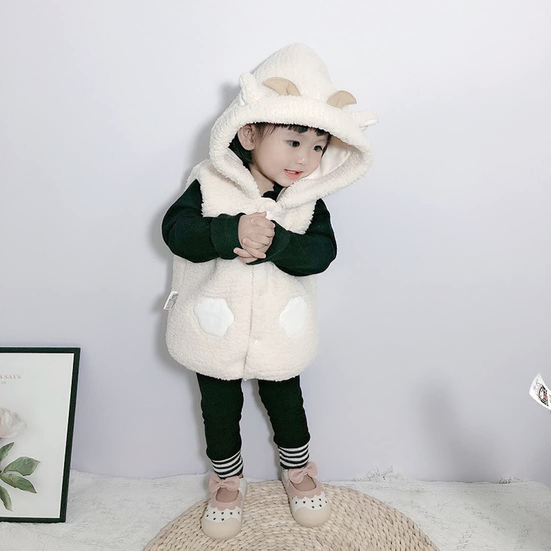 Neonata Vestiti senza maniche Orecchio animale Felpa con cappuccio Canotta Gilet in pile Cappotto Autunno Inverno Giacca calda