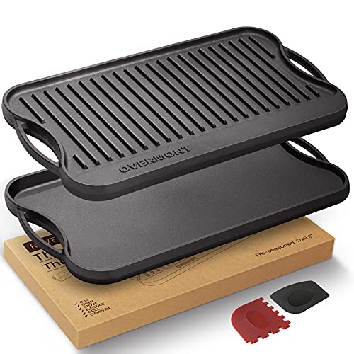 Comparison: Best Cast Iron Griddle For Gas Stove 10 Overmont Pre-seasoned 17x9.8" Cast Iron Reversible Griddle Grill Pan with handles for Gas Stovetop Open Fire Oven, One tray, Scrapers Included