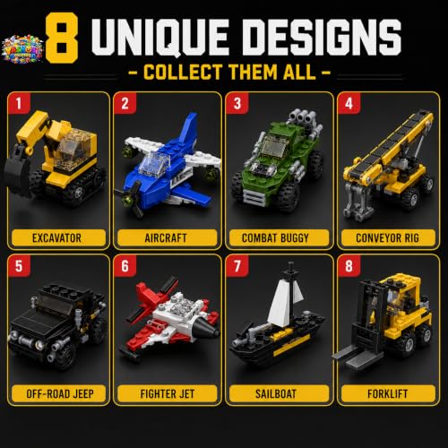 Image of Yashoni Automotive Building Blocks Toy Set for Kids | 10+ Construction Models in one Set| Aircraft, Excavator, Jeep, Car Model Building Kit | Educational STEM Toy | Ages 6+ (Set of 8)