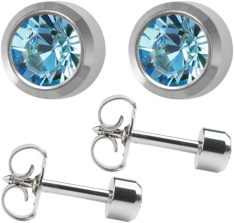 March/Aquamarine Regular 4mm Stainless Steel Bezel Setting Ear Piercing Stud Earrings Birthstone