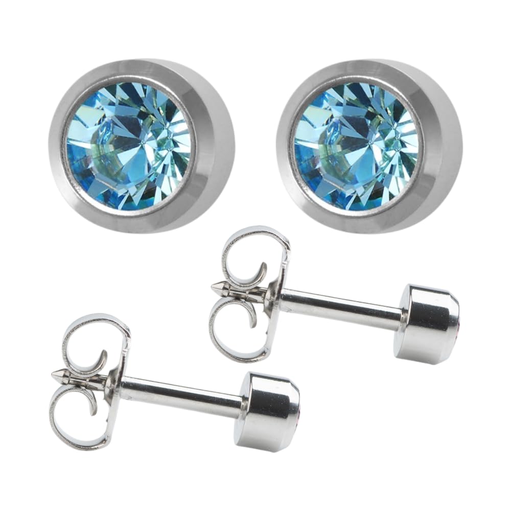 March/Aquamarine Regular 4mm Stainless Steel Bezel Setting Ear Piercing Stud Earrings Birthstone