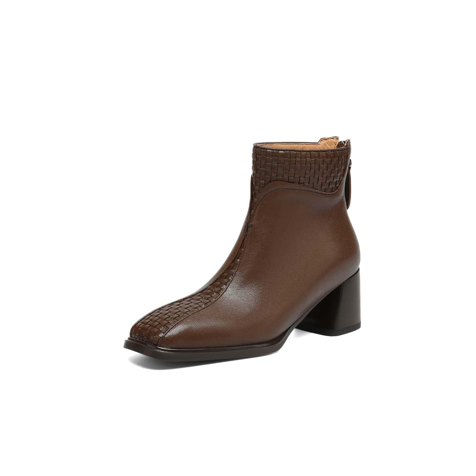 TinaCus Womens Genuine Leather Ankle Boots Handmade Square Toe Woven Back Zipper Block Heel Walking Daily