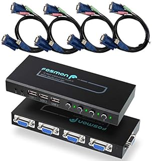 Fosmon 4-Port VGA KVM Switch, 3 USB Hubs, 1 Audio Output, 4 VGA Cables, (2048x1536@500MHz with DDC) Share 4 Computers with 1 Monitor and 3 USB Devices Mouse Keyboard Printer for PC Laptop Desktop