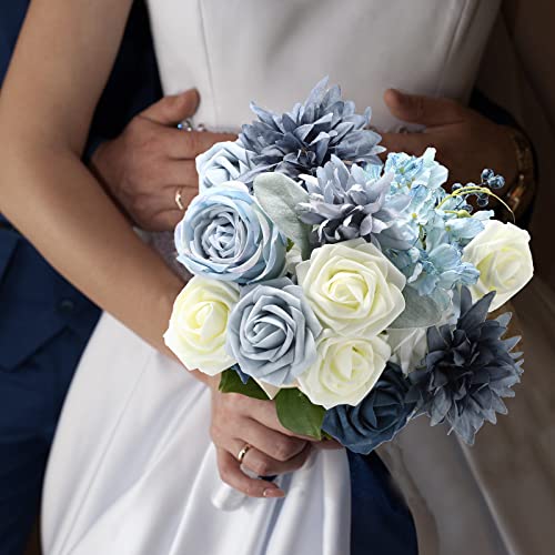 Mankayoo Artificial Flowers Dusty Blue Flowers Fake Silk Flowers For Diy Wedding Bouquets Table Centerpieces Arrangements Baby Shower Party Home Decorations #TOP2