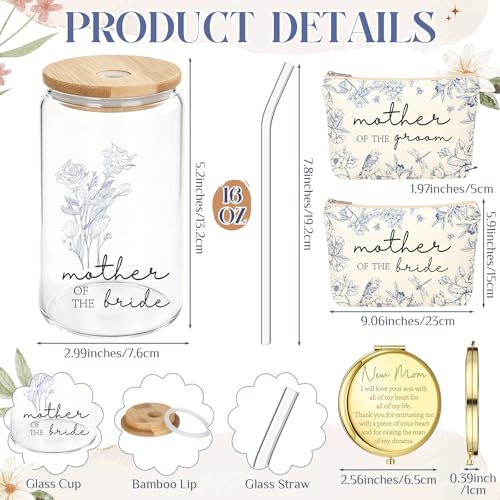 Image of Hushee 12 Pcs Mother of the Bride Groom Gift Set: Satin Robes for Women Tote Bags Makeup Bags 16oz Glass with Straws Handkerchiefs Mirrors for Mom Bridal Shower Wedding Gifts (Blue,Rose)