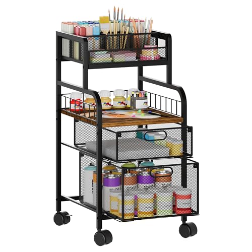 SWTYMIKI Rolling Cart with Drawers - Metal Utility Cart with Wood Shelf, DIY Divider and Locking Wheels, Craft & Art Cart Organizer for Under Desk Storage for Home Office Studio, Espresso