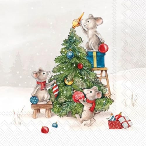 Set of 2 Individual Decoupage Paper Party Napkin Christmas Tree Mice Mouse Watercolor Decor Luncheon Napkins for a Birthday Holiday, Wedding, Cocktail Party