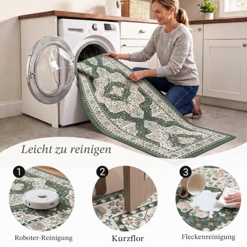 TUKDAK Vintage Teppich Läufer Flur 60x180cm, Dunkelgrün Boho Teppichläufer für Flure rutschfest, Waschbar Kurzflor Küchenläufer… – Ansicht 4