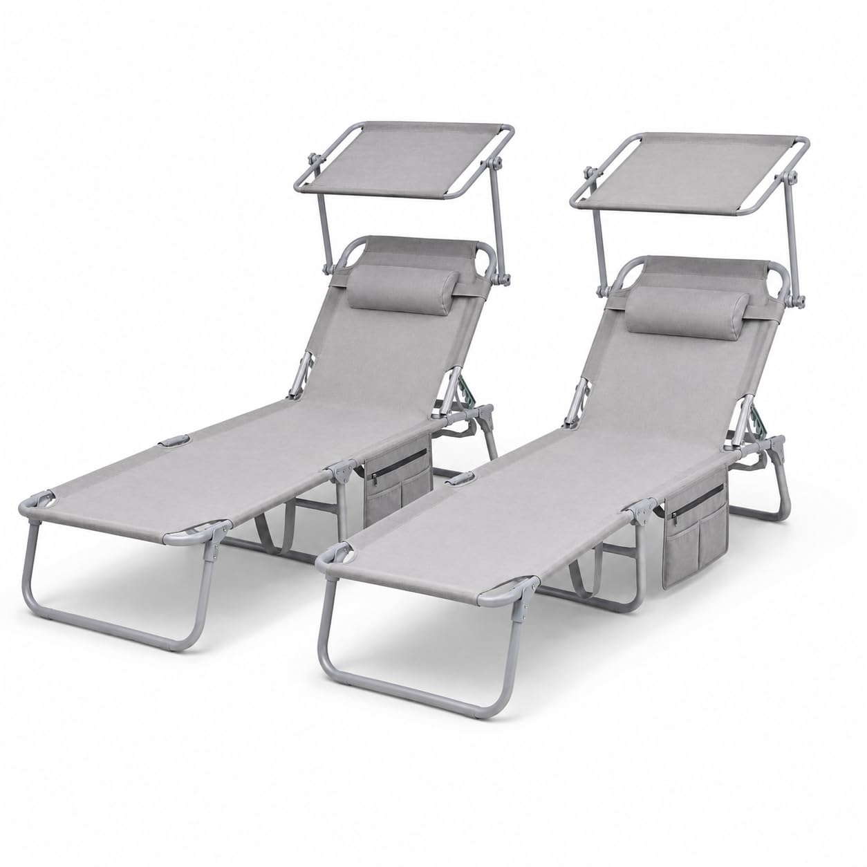 Pack 2 tumbonas Plegables con Parasol Ajustable y cojín reposacabezas – Respaldo multiposición, Bolsillo Lateral, Estructura metálica, jardín terraza Piscina y Playa, Gris
