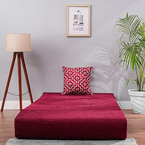 Image of Convertible Fabric Sofa Cum Bed | Foldable Double Foam & Washable Cover with Cushions | Modern Design Use Living Room & Guest Room (Maroon-Multi-Square, 3X6 Ft)