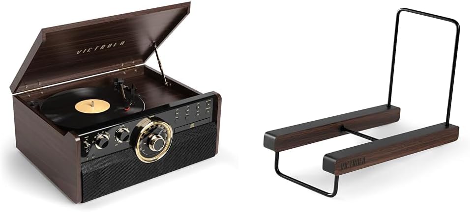 Empire Mid-Century 6-in-1 Turntable with 3 Speed Record Player, Bluetooth Connectivity & 'The Stand' - Table Top Vinyl Records and Album Holder & Organizer