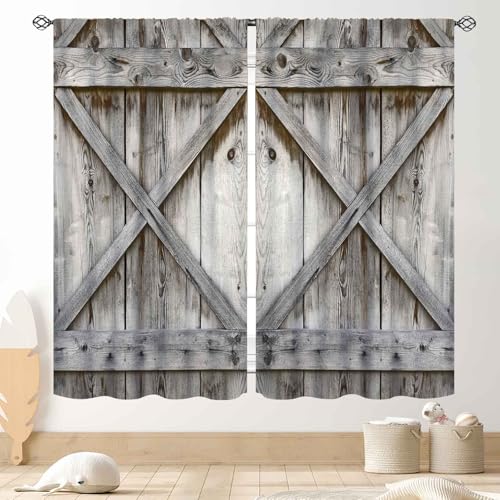 TKUYO Rustic Wooden Curtains, Farmhouse Gray Barn Door Country Cottage Western Barnwood Garage Printed Blackout Window Drapery Treatments for Kitchen Living Room Bedroom Cafe, 42"x54" Inch