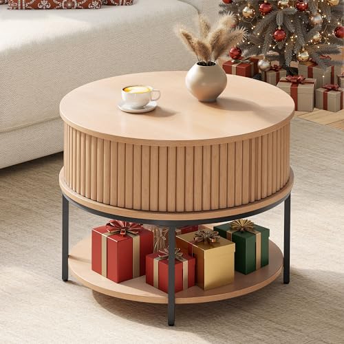 YITAHOME Mesa de Centro Redonda, Mesa Centro Salon con Espacio de Almacenamiento de Dos Niveles, Mesa de Café Acanalada con Puertas Correderas de Diseño Tambour para Salón, Color Roble