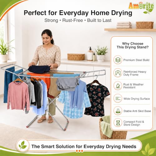 Image of Premium Steel Clothes Drying Stand | Foldable Cloth Dryer Stand, 3-Way Folding Design, Space-Saving Flat Folding Laundry Drying Rack for Indoor & Outdoor(Cross Design - 120 x 54 cm)- Silver