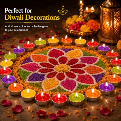 Image of Bindian Candle Tealight Candles, 100% Paraffin Wax Candles for Decoration, Smokeless Tea light Candle 50 pcs for Home Decor, Diwali Decoration, Wax Candles 1-1.5 Hour Burn Time (Pack of 50 Multicolor)