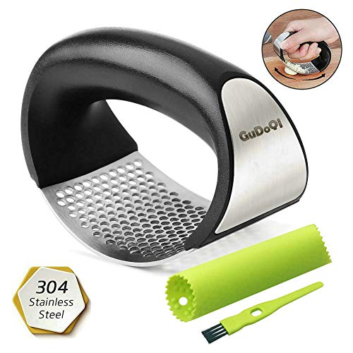 GuDoQi Profi Knoblauchpresse Set, Knoblauchbrecher Edelstahl Rostfrei 304, Silikon Knoblauchschäler, Reinigungsbürste, Ergonomischer Griff, Spülmaschinenfest, Einfach Zu Säubern
