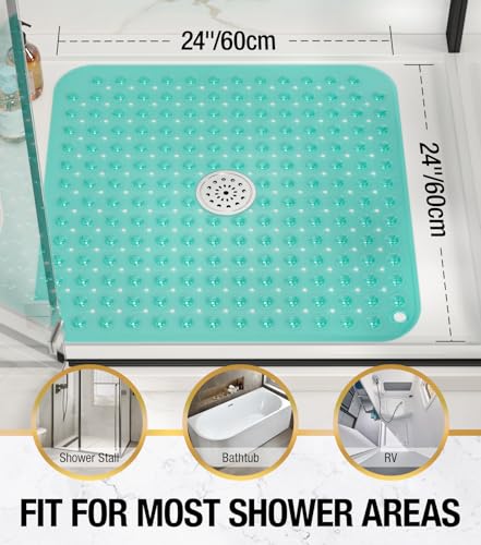 Image of HITSLAM Shower Bathtub Mat Non Slip, 24 inchx 24 inch Bath Mat for Tub, Soft PVC Shower Mats for Inside Shower with Suction Cups and Center Drain Hole, Machine Washable Bathroom Floor Mat, Green