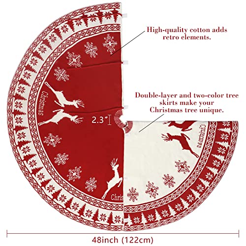 Aerwo Christmas Tree Skirt, 48 Inch Large Rustic Christmas Tree Skirt With Snowflake And Reindeer, Red Knit Xmas Tree Skirt Christmas Decorations, For Indoor Holiday Party Christmas Tree Decoration #TOP3