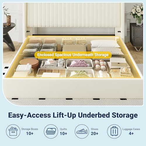 Image of Allewie King Size Lift Up Storage Bed Frame Channel Tufted Headboard Cream