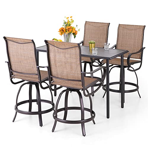 PHI VILLA 5 Piece Outdoor Bar Set, Counter Height Patio Bar Table and Chairs with 26.8" Swivel Bar Stools Brown & Rectangle Bar Table for Garden, Terrace, Yard and Deck