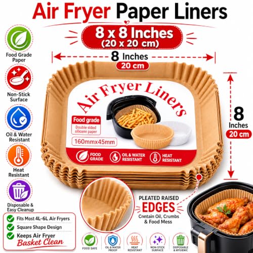 Image of Sakoraware 100 PCS Paper Liners 8 x 8 Inches, Disposable Non-Stick Parchment Paper for Air Fryer Oil Proof, Food Grade Baking Paper for Roasting, Baking & Cooking
