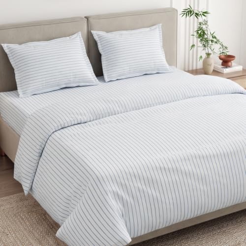 Image of Haus & Kinder Double Bed Bedsheet 90 x 100 | 186 TC Pure Cotton Bed Sheet Double Bed with 2 Pillow Covers | Queen Size Bed Sheet | Ruri Stripe Lapis Blue
