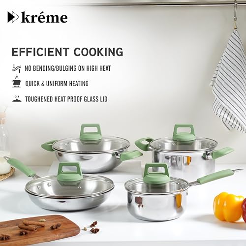 Image of Kreme Platina Triply Stainless Steel Cookware Set, 8 Pcs - Kadai 24cm, Frypan 24cm, Saucepan 16cm & Casserole 20cm with Glass Lids | Healthy Cooking | Induction & Gas Stove Compatible, Less Oil