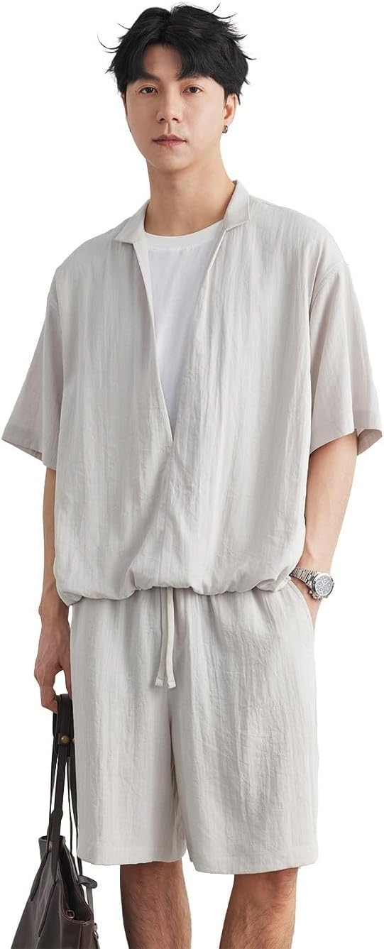 Men's Summer Two-Piece Look Cotton Linen Set V-Neck Loose Casual Commuter Loungewear Shorts Outfit