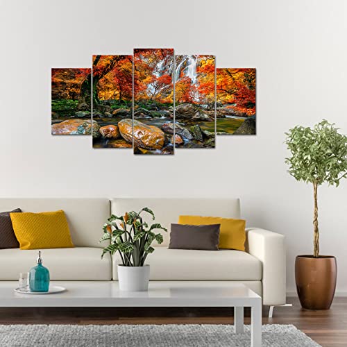 Lyerartork 5 Piece Fall Canvas Wall Art Yellow Tree Forest Pictures Wall Decor Autumn Waterfall Painting Nature Landscape Artwork Modern Living Room Bedroom Decoration #TOP2