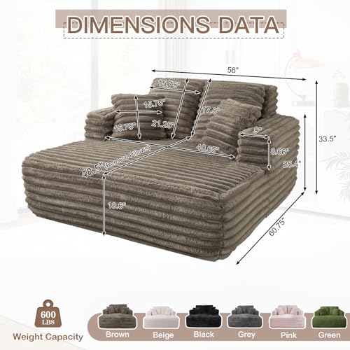 Image of JEEOHEY 56 inch Oversized Chaise Lounge Chair Indoor,Plush Faux Fur Sleeper Sofa Couch Bed with Pillows&Wide Armrests,Fluffy Comfy Cloud Couch,Compression Foam Couch for Living Room,Bedroom(Brown)